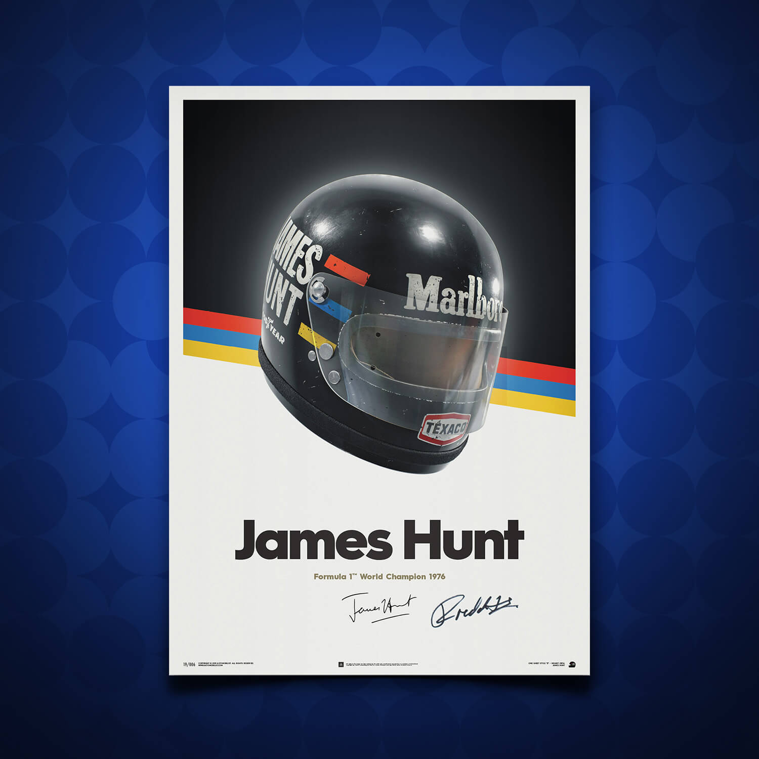 Signed by Freddie Hunt | 1976 James Hunt Helmet | James Hunt Poster
